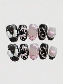 Anime 10pcs Y2K Retro Star, Polka Dot, Striped, Pop Art, Grunge, Music Note Decorative False Nails, Handmade, Suitable For College, Music Festivals, Dates, Etc. - Pink - View 2