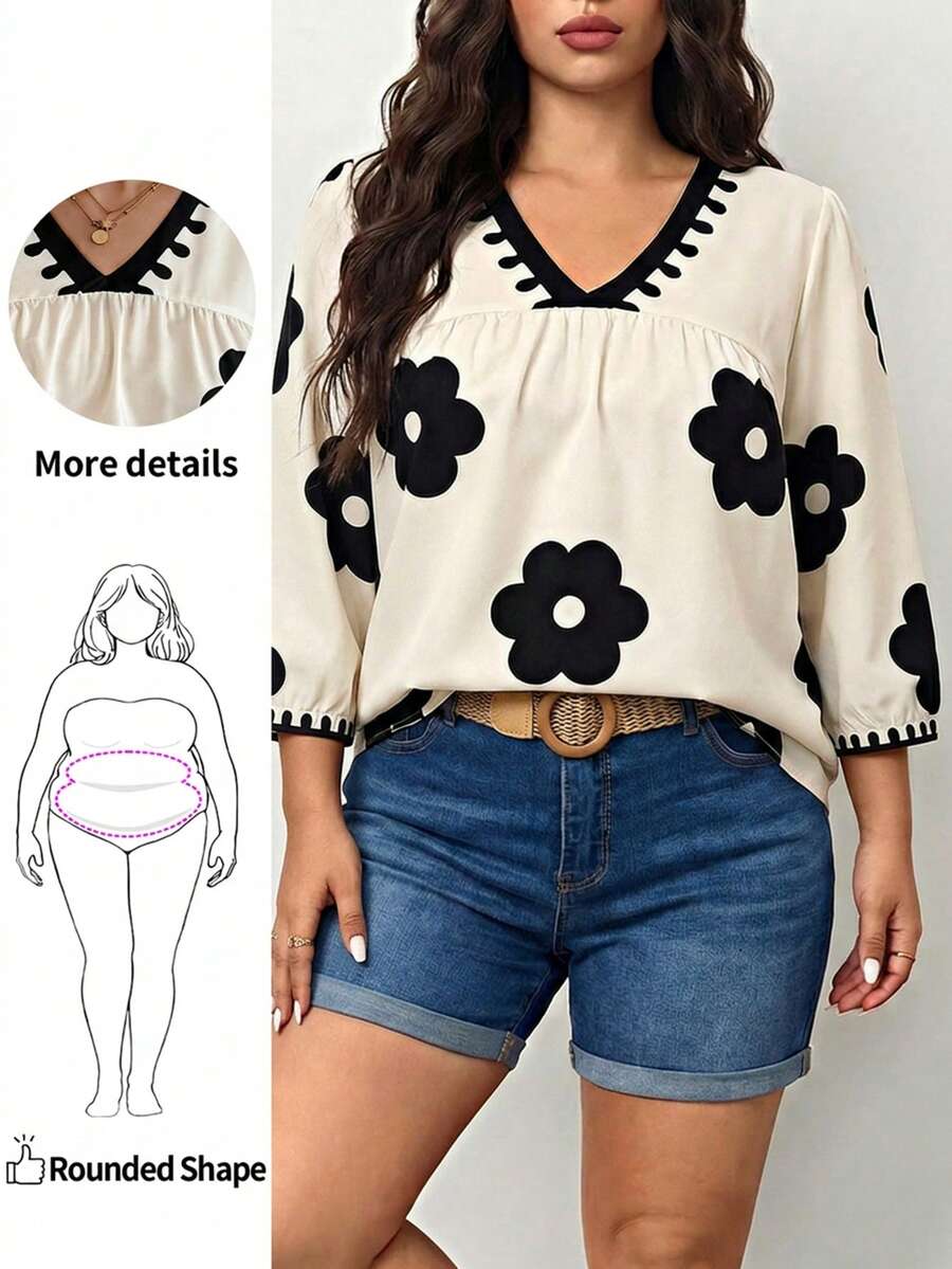 Enliva Plus Size Random Floral Print Casual Vacation Shirt, For Apple And Rounded Body Shape - Apricot - View 1