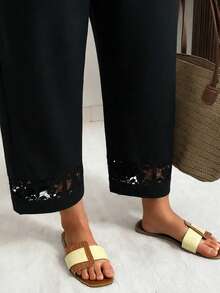 Ceyna Plus Size Casual Elegant Pleated Hollow Floral Drawstring Pants, Suitable For Summer And Vacation Black Fall - Black - View 4