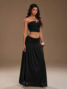 TRNVIE Women's Romantic Pink Mesh Bandeau Top And High Waist Pleated Mesh Maxi Skirt 2-Piece Set, Suitable For Spring/Summer Vacation - Black - View 5