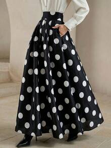 Anewsta Falda de línea A elegante de fiesta de vacaciones con lunares clásicos de verano para mujeres - Negro - Ver 5