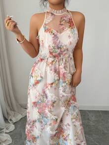 SHEIN Elenzya Đầm voan dài ngang gối họa tiết hoa pastel 3D thắt eo, kiểu dáng lãng mạn, thanh lịch, ôm sát, thích hợp cho hẹn hò và tiệc tùng. - Nhiều màu - Xem 8