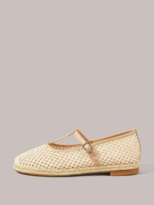 Styleloop Giày bệt mũi tròn kiểu Mary Jane với quai đan, chất liệu rơm mềm mại, thanh lịch, màu mơ, thích hợp cho hẹn hò, du lịch hoặc nghỉ dưỡng. - Màu be - Xem 2
