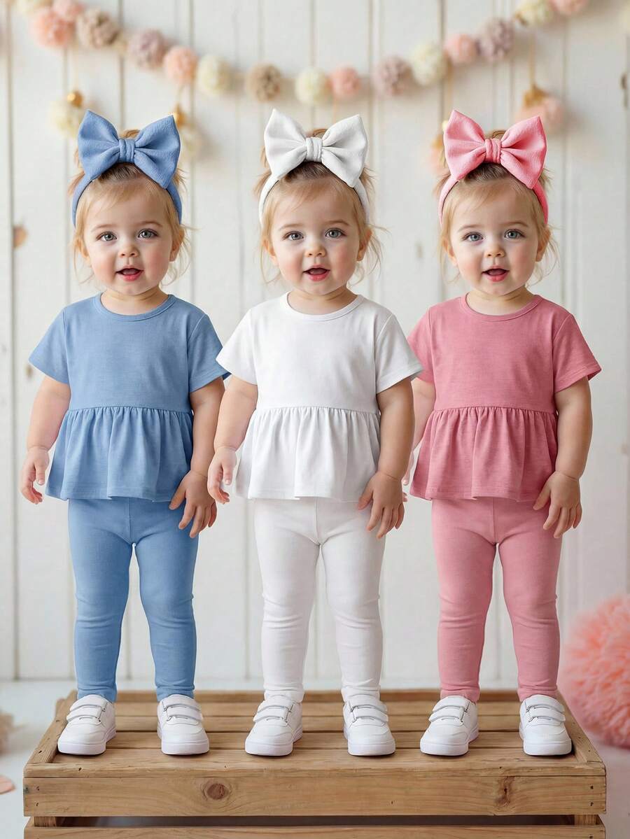 SHEIN LMoss Kids LMoss 女婴三件套休闲简约夏季纯色针织荷叶边短袖上衣 - 彩色 - 查看 1