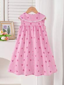 SHEIN Elladie kids 女童粉白条纹蝴蝶结印花休闲可爱白色蝴蝶结蕾丝边方领开襟甜美连衣裙，适合日常、度假、通勤，优雅又可爱 - 粉色 - 查看 2