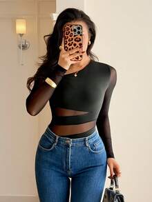 Rafferiza 优雅修身性感斜领网纱拼接棉质长袖黑色连体衣，秋冬款 - 黑色 - 查看 4