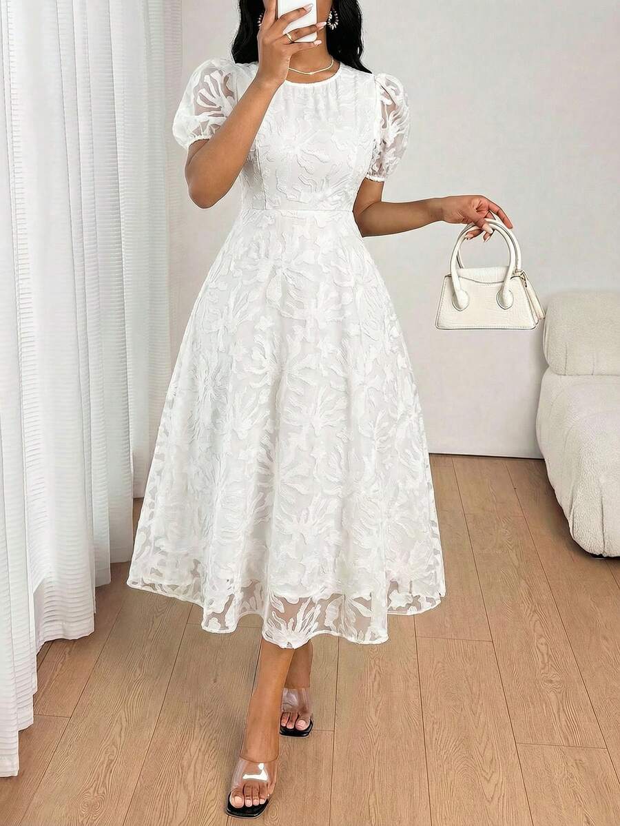 SHEIN Lady 女士时尚优雅圆领短袖中长连衣裙 - 白色 - 查看 1