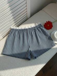 Comfortcana 女士夏季休闲度假条纹印花撞色蕾丝抽绳腰短裤，适合情人节、狂欢节、海滩、假日、居家休闲、街头、校园休闲等场合，Y2K 2000年代风格可爱蓝黑蕾丝短裤，夏季服装，春假，毕业典礼，女士婚礼派对优雅度假装，休闲女装 - 彩色 - 查看 2