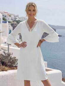 EMERY ROSE 女士休闲纯色喇叭袖短连衣裙 - 白色 - 查看 5