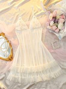 Women's Sexy Sheer Polka Dot Mesh Multi-Layer Ruffle Trim Spaghetti Strap Mini Nightgown - Pink - View 7