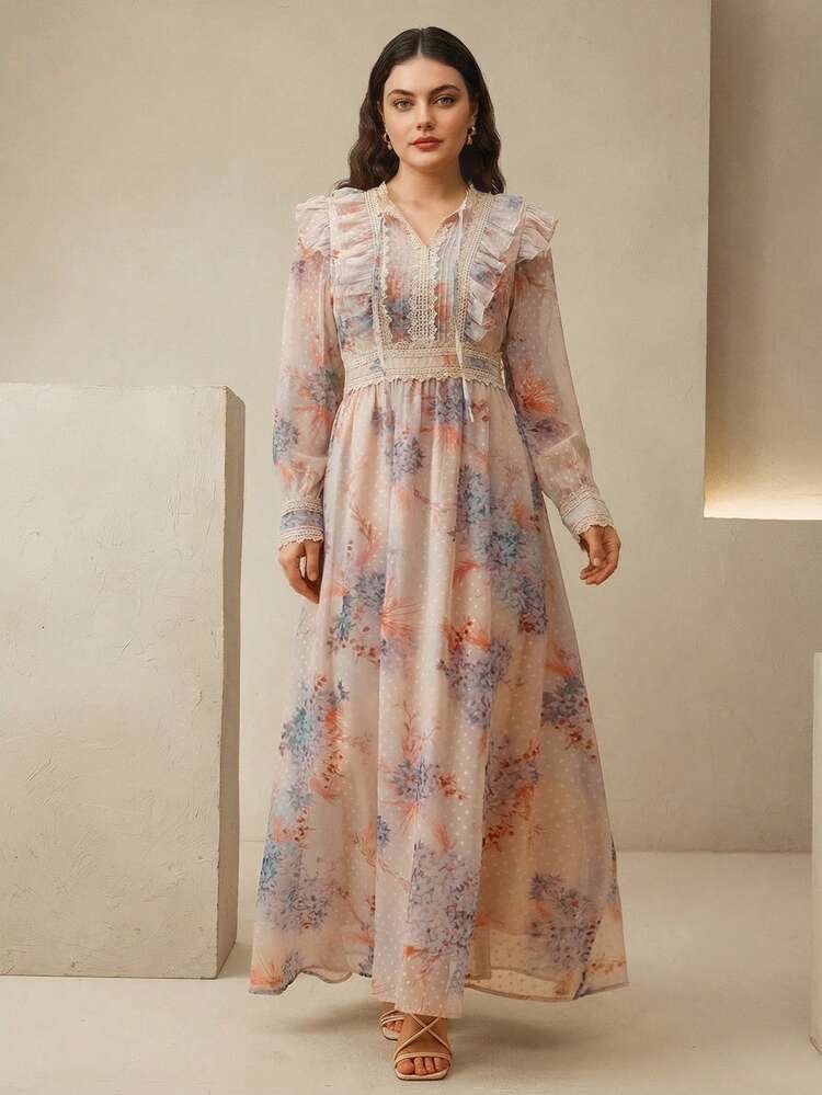 Spring New Elegant Small Floral V-Neck Bow Tie Waist Slimming Plus Size Long Dress
