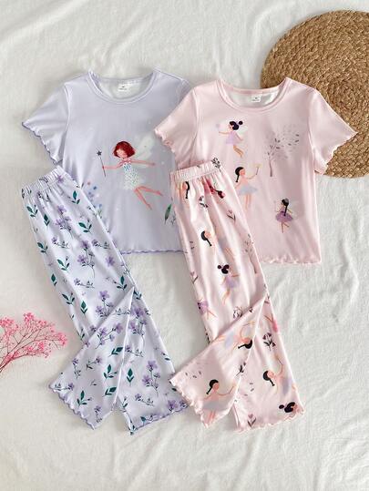 SHEIN 春夏柔软舒适四件套少女卡通仙女花卉印花波浪下摆短袖上衣和裤子睡衣套装