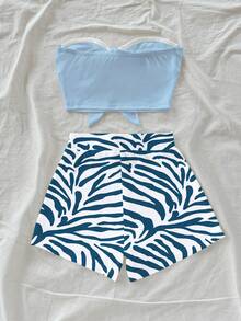 Soleia 女士纯色抹胸上衣和印花短裤两件套休闲套装 - 彩色 - 查看 2