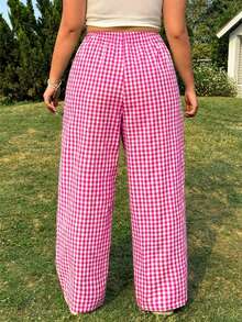 GalTyme Rose Red Plus Size Casual Plaid Elastic Waist Loose Pants - Hot Pink - View 2