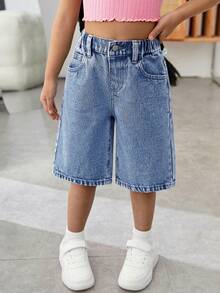 SHEIN Young Girl Cherry Pattern Pocket Casual Denim Shorts - Medium Wash - View 2