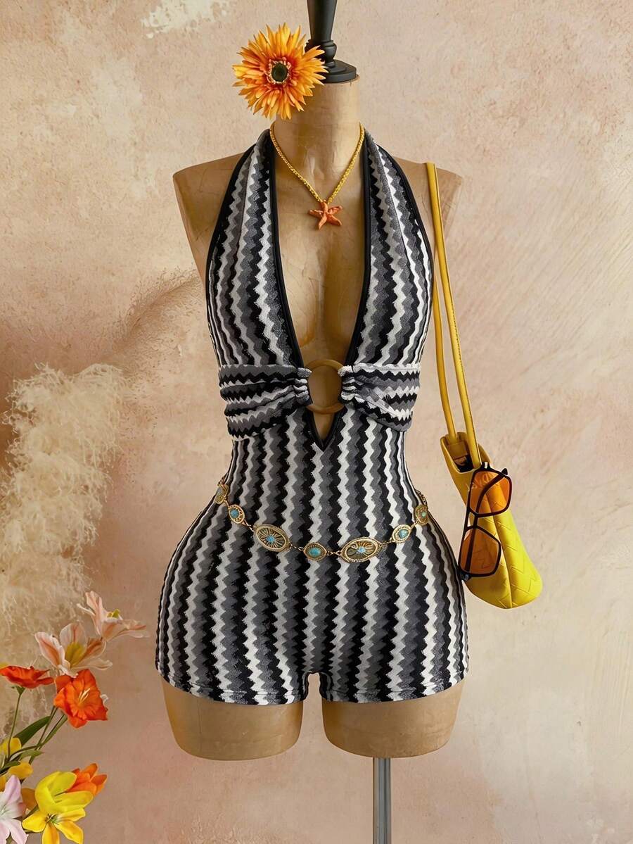 Soleia Bộ jumpsuit nữ màu trắng dệt kim có họa tiết, hở lưng, điểm nhấn là vòng tròn trang trí, thanh lịch cho lễ Halloween, Giáng sinh, kỳ nghỉ, hoặc gợi cảm. - màu đen - Xem 1