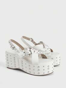 Sugerpunk Ladies, Spike Buckles, Lame-Heeled Platform Sandals. - Apricot - View 2