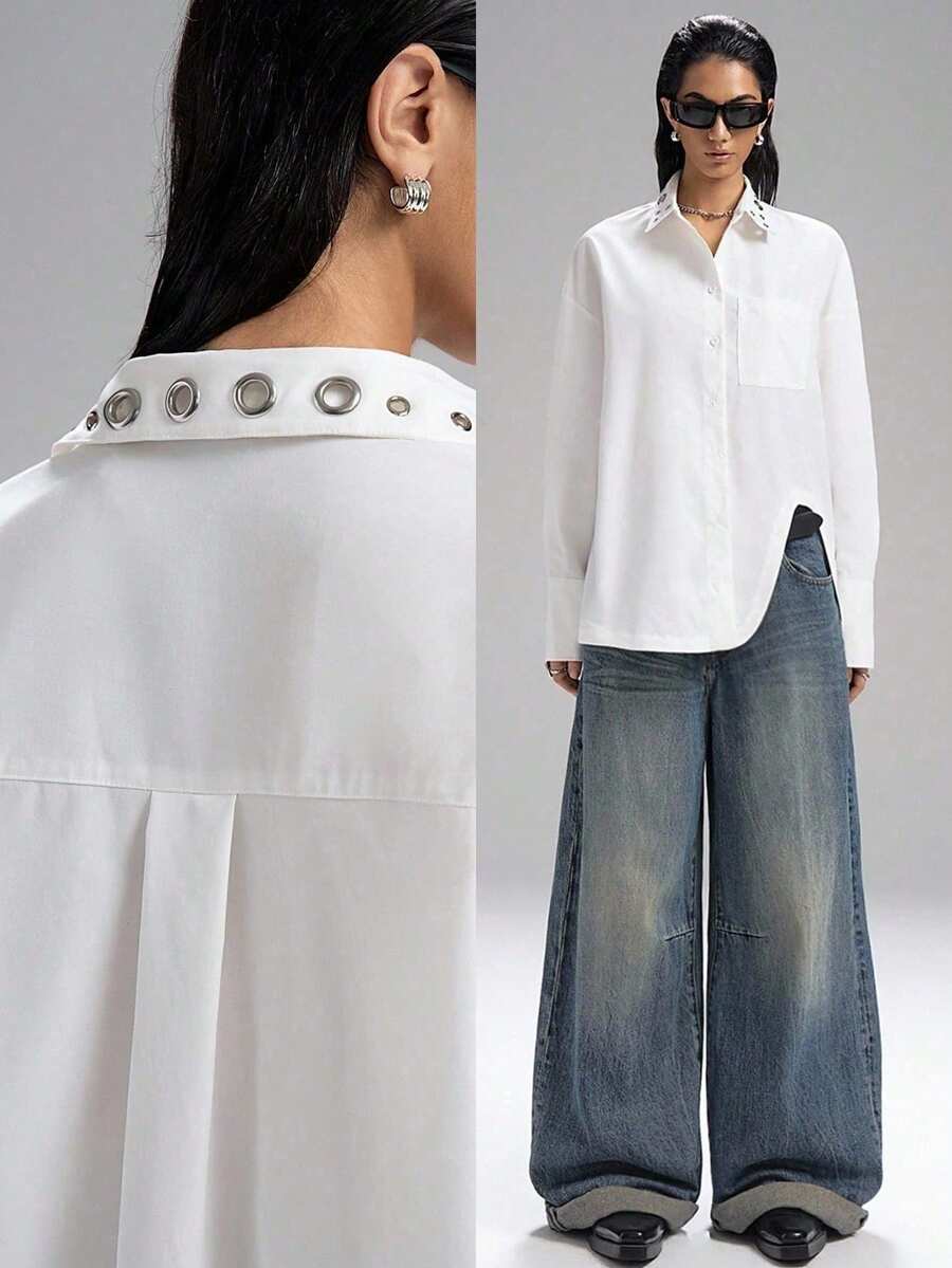 SHEIN EZwear Plus Size Casual White Long Sleeve Drop Shoulder Shirt Blouse With Eyelet Collar And Pockets - White - View 1