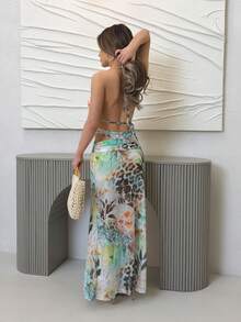 Jemour Slit Fitted & Elegant Floral Leopard Print Vacation Dress With Beading, Suitable For Beach Vacation, Vacation Maxi Dress, Beach Dress, Backless Dress, Spring/Summer Party - Mint Green - View 2