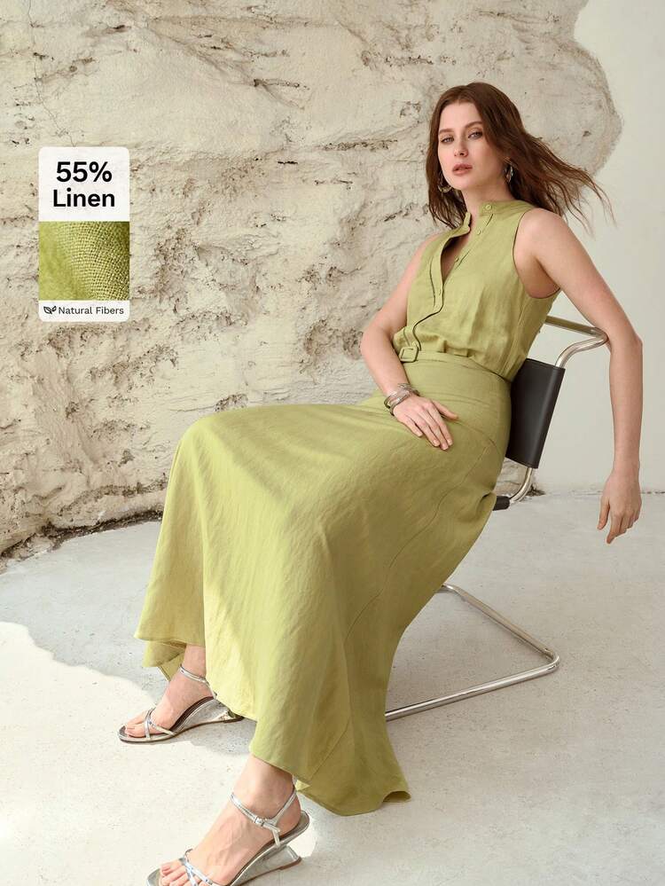LINEN BLEND SLEEVELESS DRESS, FASHIONABLE FOR SPRING AND SUMMER EVERYDAY WEAR