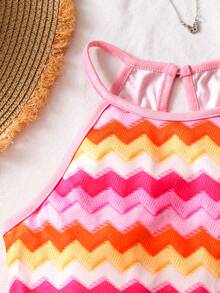 Sparklyn 2pcs/Set Tween Girls Vacation Beach Colorful Striped Squishy Jacquard Contrast Color Halter Crop Top + Flare Pants Outfit, Summer Clothes - Multicolor - View 12