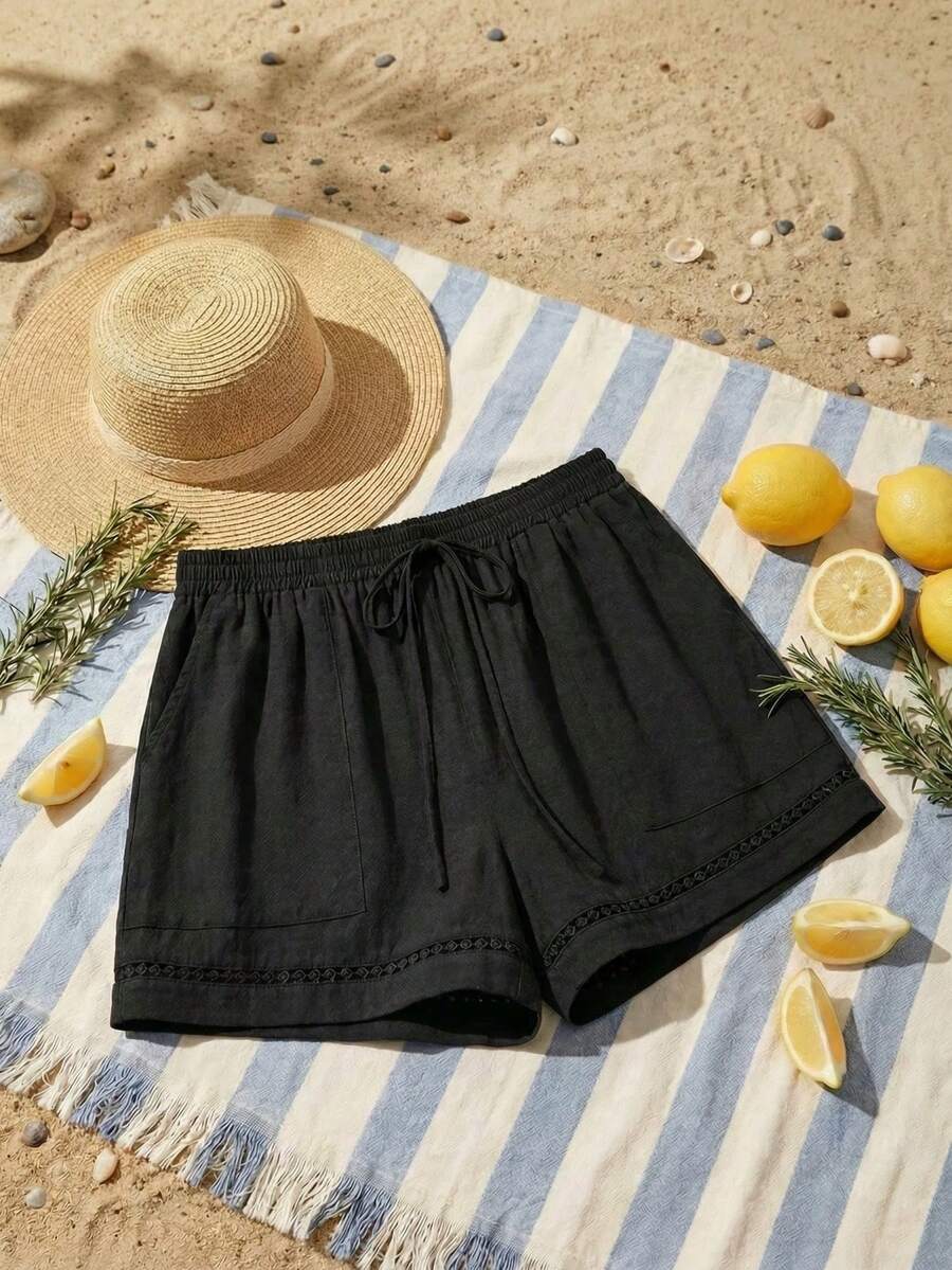 Comfortcana Pantalones cortos deportivos negros de tejido con cordón en la cintura para mujer de talla grande - Negro - Ver 1