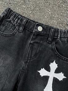 Quần short denim rộng rãi thêu chữ thập cho bé trai, màu xanh dương. - màu đen - Xem 3