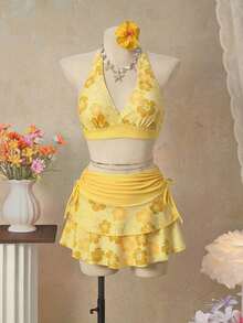 Bellisia 26SS Top de bikini triangle à encolure ras-du-cou orange avec jupe assortie, ensemble de 3 pièces. Tenue de plage/resort, tenue de brunch en 2 pièces, tenues de printemps pour femmes en 2 pièces, tenues de brunch en 2 pièces pour femmes, tenues de garden party en 2 pièces pour femmes, tenues d'anniversaire en 2 pièces pour femmes, ensemble de maillot de bain 2 pièces pour femmes, bikini imprimé floral, bikini tropical jaune - Jaune citron - Voir 4