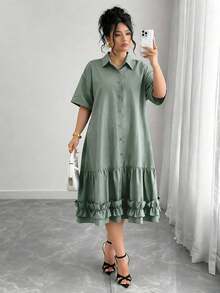 Elenzga Plus Size Shirt Collar Ruffle Hem Casual Vacation Dress - Green - View 6