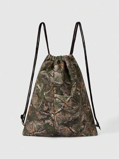 ROMWE Grunge Punk Retro Branch Leaf Pattern Large Capacity Multi-Pocket Drawstring Bundle Backpack Casual Versatile Unisex Suitable For Commuting, Socializing, Shopping