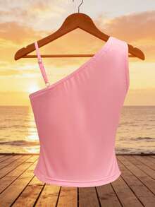 SHEIN Clasi Women's Elegant Rose Floral Tank Top, Blush Pink, Summer, Boho, Vacation, Holiday Oblique Shoulder Asymmetric Strap Sleeveless Retro Resort Top - Pink - View 2