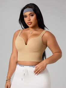 SHEIN Rhythm Era Plus Size Women Solid Ribbed Casual Fitness Sports Bra Beige Top Summer Outfits Curve Sporty Look Ribbed Crop Top - Apricot - View 4
