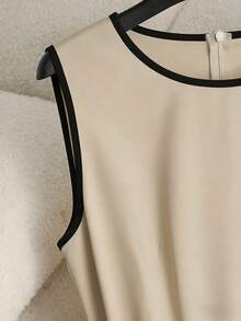 Franclia Casual Versatile Minimalist Round Neck Black Trim Belt Apricot Color Sleeveless Dress, Spring/Summer - Khaki - View 3