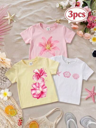 6件装婴幼儿女童休闲印花短袖针织圆领上衣，基础款T恤，童装，女婴套装，三件套，适合春夏穿着，尺码6个月至3岁