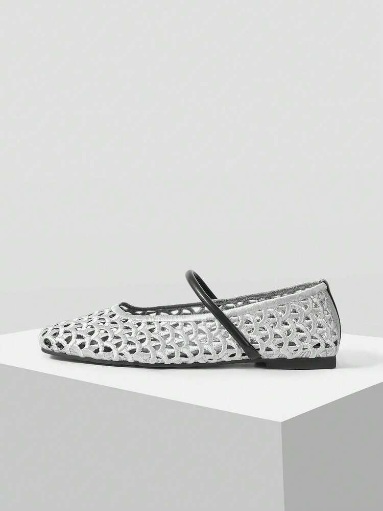 WOMEN SHOES NEW HOLLOW WOVEN BALLET FLATS, WOVEN SQUARE TOE LOW VAMP WITH ELEGANT FASHION SILVER SOFT SURFACE BREATHABLE AND NOT TIRED FEET VERSATILE CASUAL MARY JANE SHOES