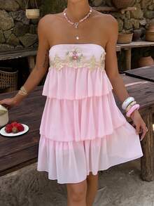 Aloruh Đầm mini quây nhiều lớp thêu họa tiết dành cho nữ, thích hợp cho kỳ nghỉ. - Hồng - Xem 7