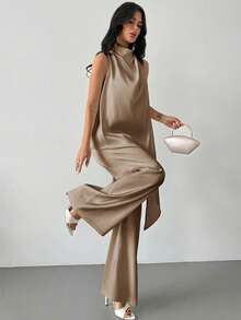 Firerie Bộ trang phục công sở thanh lịch dành cho nữ - Áo sơ mi satin trắng không tay cổ xếp ly dáng rộng vạt bất đối xứng và quần ống đứng thoải mái, bộ đồ duyên dáng, trang phục giáo viên. - Màu Khaki - Xem 8