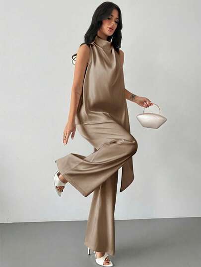 Firerie Women's Elegant Casual Commuter Outfit - White Satin Sleeveless Pleated Collar Loose Asymmetric Hem Blouse And Relaxed Straight Leg Pants Set, Graceful Suit, Teacher Outfit