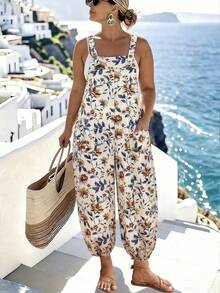 EMERY ROSE Plus Size Women's Adjustable Waist Printed Jumpsuit, Fashionable For Spring/Summer Vacation - Apricot - View 7