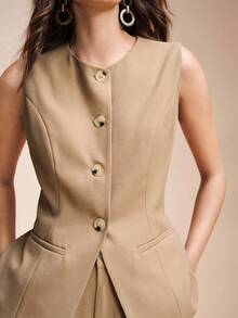 Aveloria Modichic 女士亚麻修身马甲阔腿裤套装，单排扣金属纽扣无袖V领马甲搭配高腰抽绳阔腿裤，饰有串珠口袋，商务休闲都市通勤优雅女士套装，适合女性工作、办公室着装、休闲套装、搭配单品，休闲优雅女士工作服，适合办公室工作，女士职业装，女士两件套。 - 咖啡棕 - 查看 5
