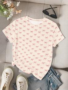 Teen Girl Floral, Bow, Striped Print Casual Short Sleeve T-Shirt - White - View 6