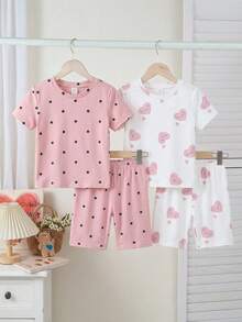 4pcs/Set Random Blind Box Casual Minimalist Snug Fit Round Neck Short Sleeve Shorts Pajamas, Suitable For Spring & Summer - Multicolor - View 5