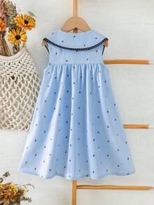 SHEIN Elladie kids 女童休閒夏季仙女派對洋裝，淺藍黑色小碎花方領設計，附可愛蝴蝶結蕾絲飾邊，優雅穿搭，藍色蝴蝶 - 藍色 - 查看 2