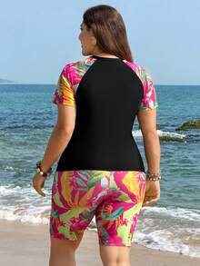 Swim Lushoire 加大码新款夏季海滩度假热带植物印花吊带泳衣套装 - 彩色 - 查看 3