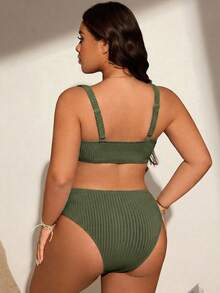 Swim Lushoire 大码纯色纹理面料沙滩泳衣套装 - 軍綠色 - 查看 5