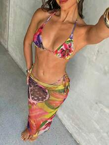 Aloruh Bộ bikini hai mảnh gợi cảm buộc dây cổ họa tiết hoa mùa hè dành cho nữ, kèm váy, thích hợp cho kỳ nghỉ biển, bộ đồ đi biển 3 mảnh cho nữ, bikini kèm áo khoác ngoài, trang phục Hawaii cho nữ. - Nhiều màu - Xem 5
