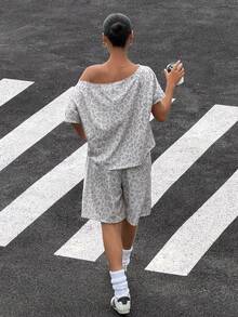 Muchica 2026新款夏季针织女装豹纹侧条纹休闲运动套装，女式宽松T恤套装，女式休闲装，豹纹短裤，豹纹T恤，灰色豹纹印花 - 彩色 - 查看 2