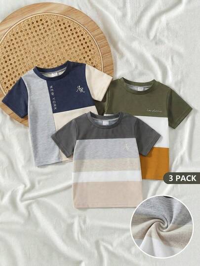 3 Pack Baby Boy Toddler Boy SS Style In Casual Color Block Letter Graphic Short Sleeve Round Neck Soft Thin Tops Shirts Summer Clothes Boys Outfit Set For Vacation