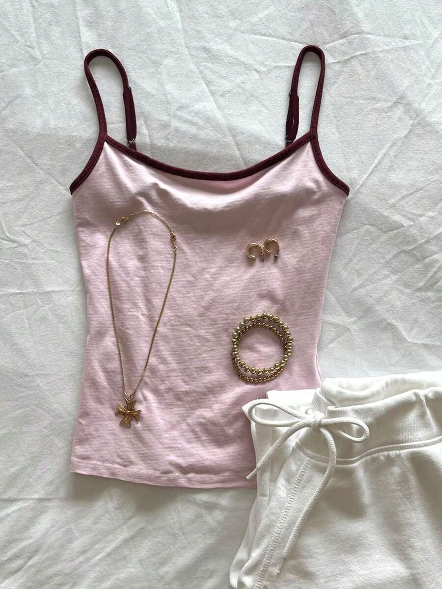 SHEIN Women's Wine Red Contrast Trim Spaghetti Strap Camisole Tank Top, Suitable For Travel, Beach, Summer - Pink - View 1
