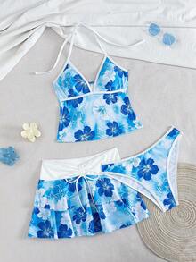 Bellisia Bộ đồ 3 món dành cho nữ mùa xuân/hè, phong cách lễ hội âm nhạc biển, họa tiết hoa phối màu, kiểu áo choàng buộc dây, xếp ly ở gấu áo. - Nhiều màu - Xem 4